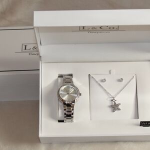 3 PC Set L & Co. Watch w/ Silver Tone Star Necklace & Stud Earrings